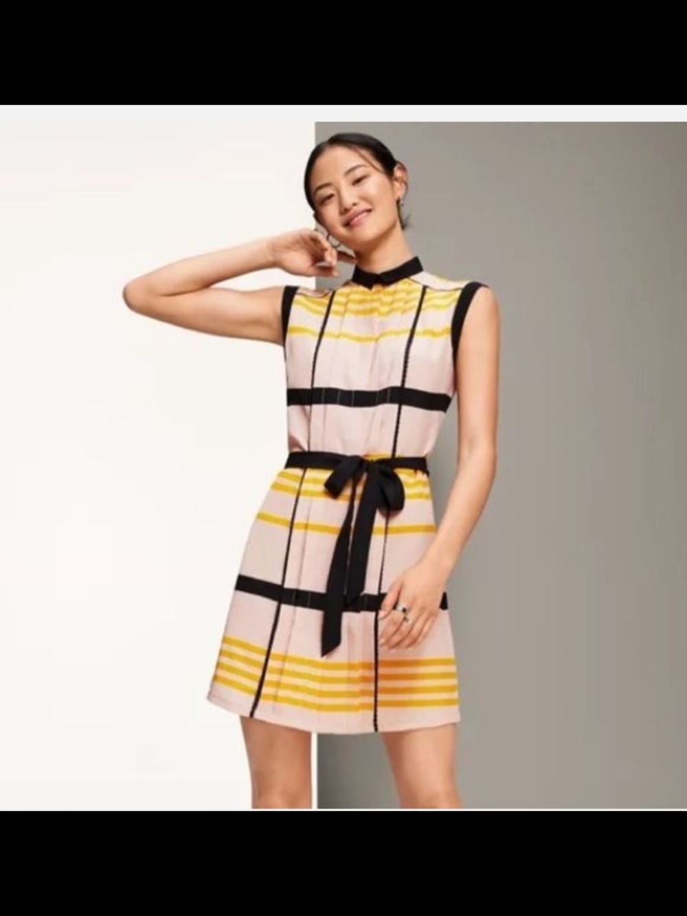 Jason Wu Pink, Yellow & Black Striped Sleeveless Belted Midi Dress
